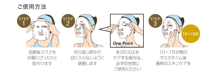 洗顔後、マスクを お顔にぴったりと 貼付けます 10〜15分間の マスクタイム後 通常のスキンケアを 折り返し部分が 目に入らないように 調整します まぶたの上をケアする 場合は、必ず目を閉じ ご使用ください 10〜15分 